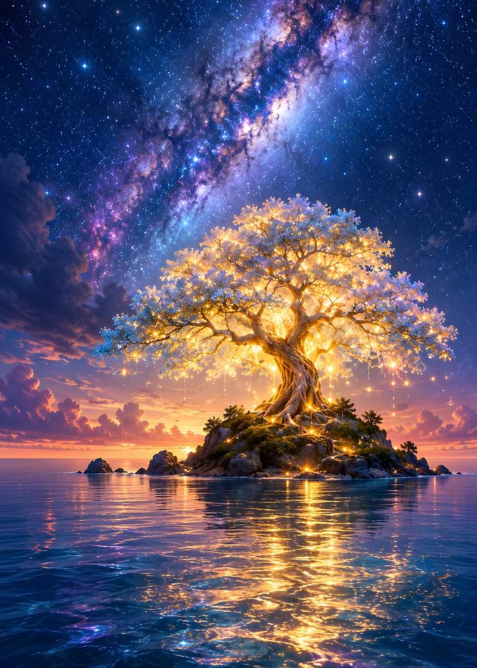 Lone Glowing Tree Island Milky Way