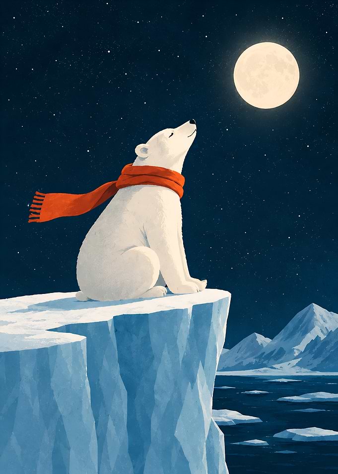Polar Bear Watching the Moon Winter Art