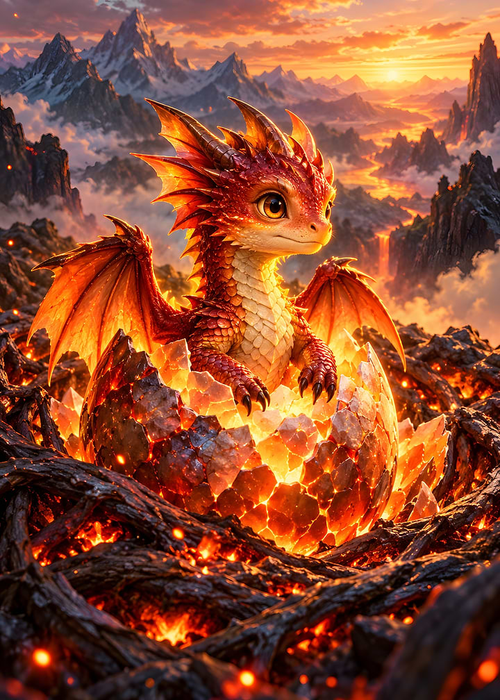 Cute Baby Red Dragon Hatching From Fire Egg