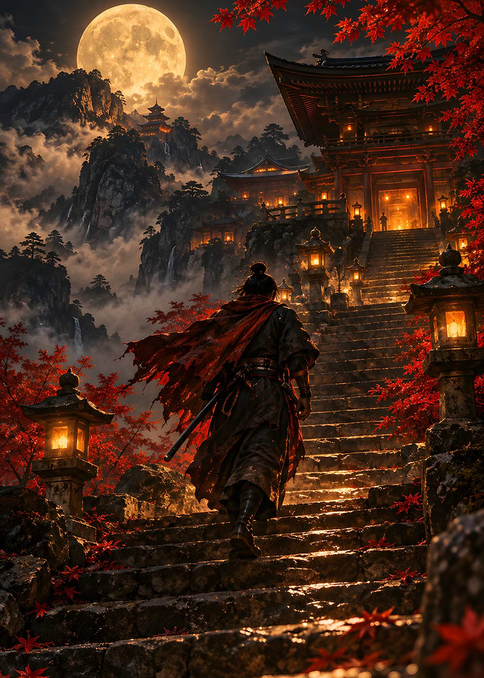 Samurai Climbing Moonlit Temple Stairs Art
