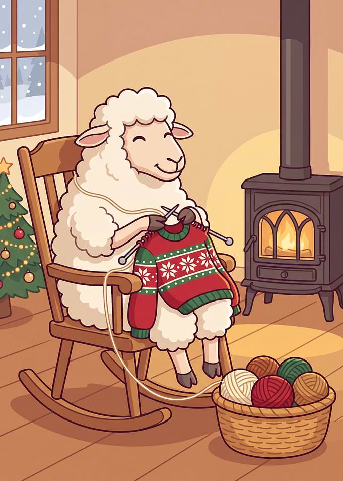 Cozy Sheep Knitting by Fireplace