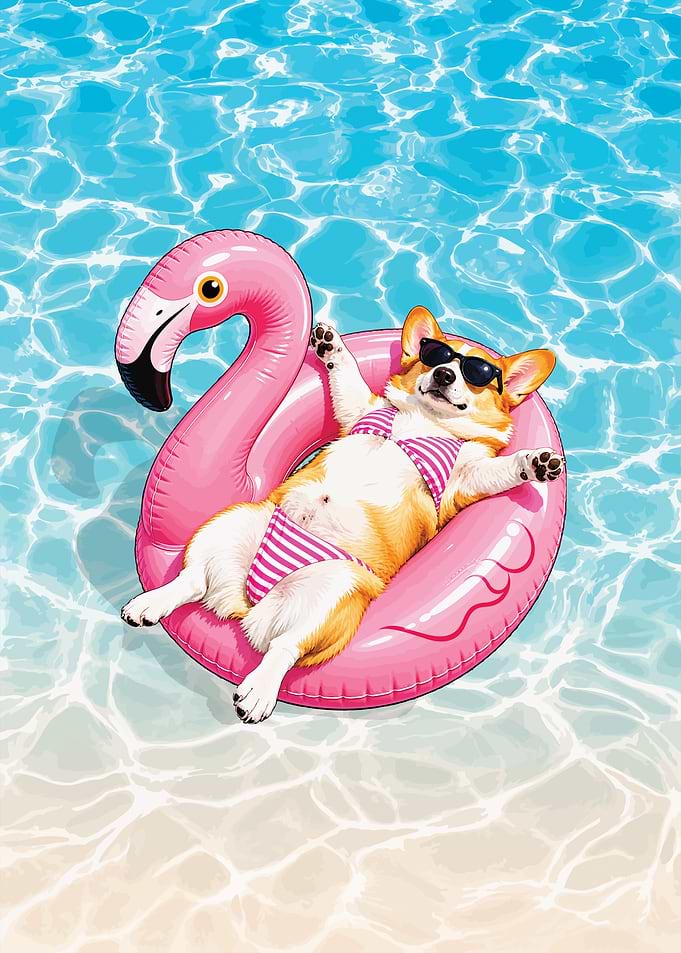 Corgi Relaxing on Flamingo Pool Float