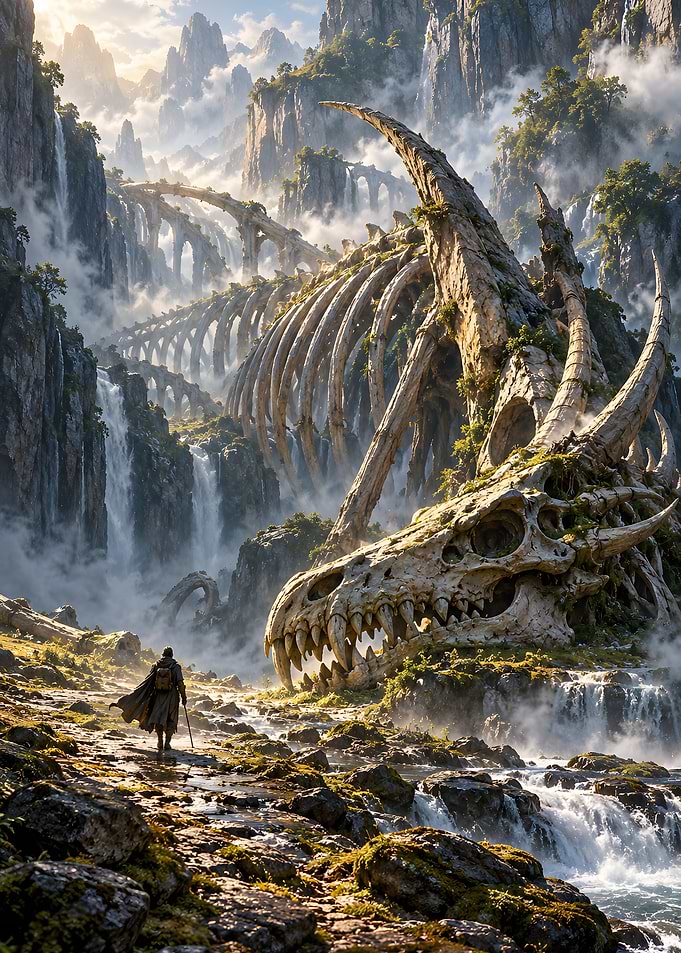 Giant Dragon Skeleton In Misty Waterfall Valley