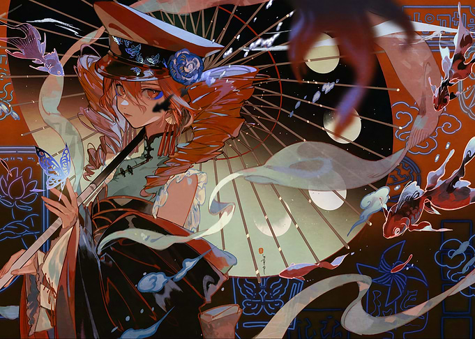 Anime Girl with Umbrella and Fish