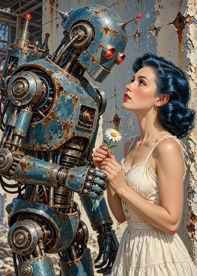 Woman Offering Flower to Rusty Robot