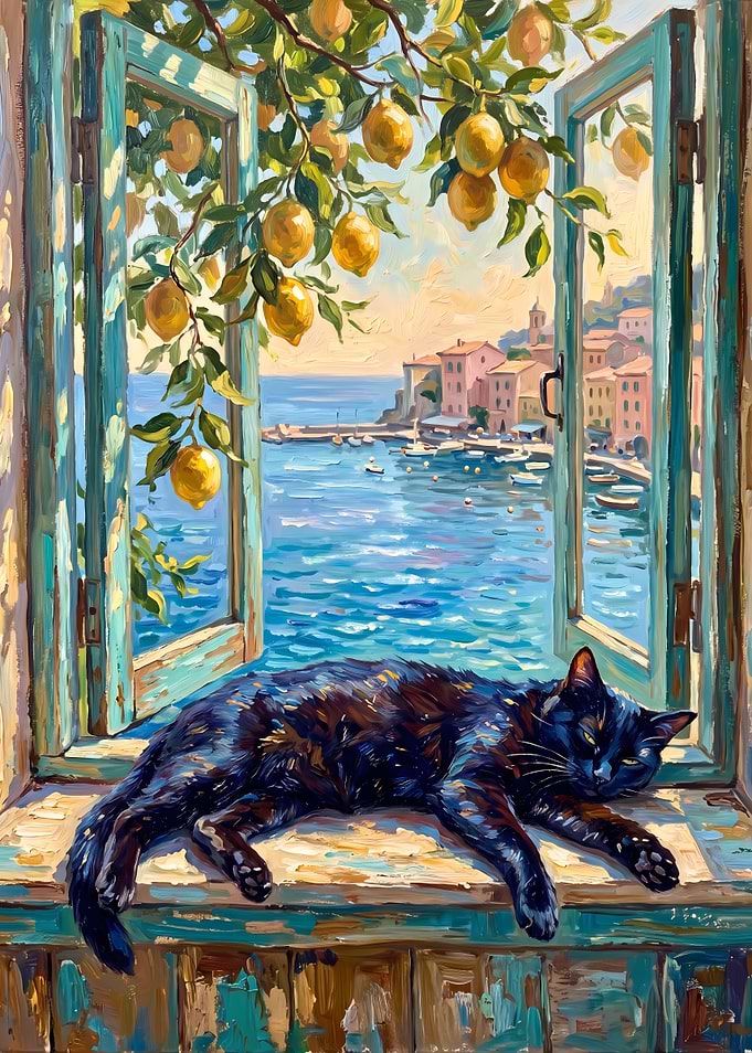 Black Cat Sleeping by Mediterranean Window