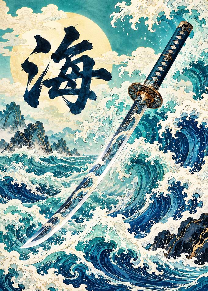 Katana Sword Over Ocean Waves Art