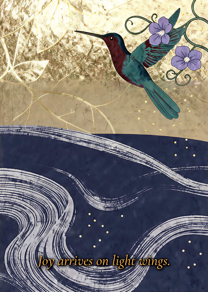 Hummingbird and Morning Glories on Gold Leaf