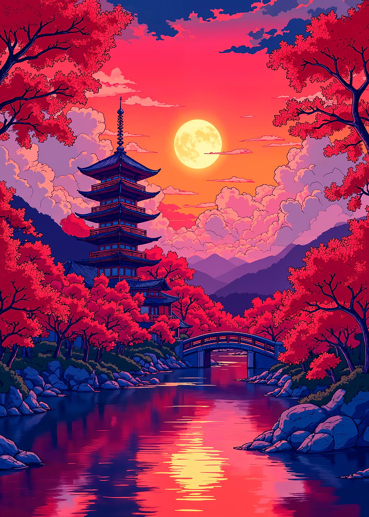Japanese Pagoda at Sunset