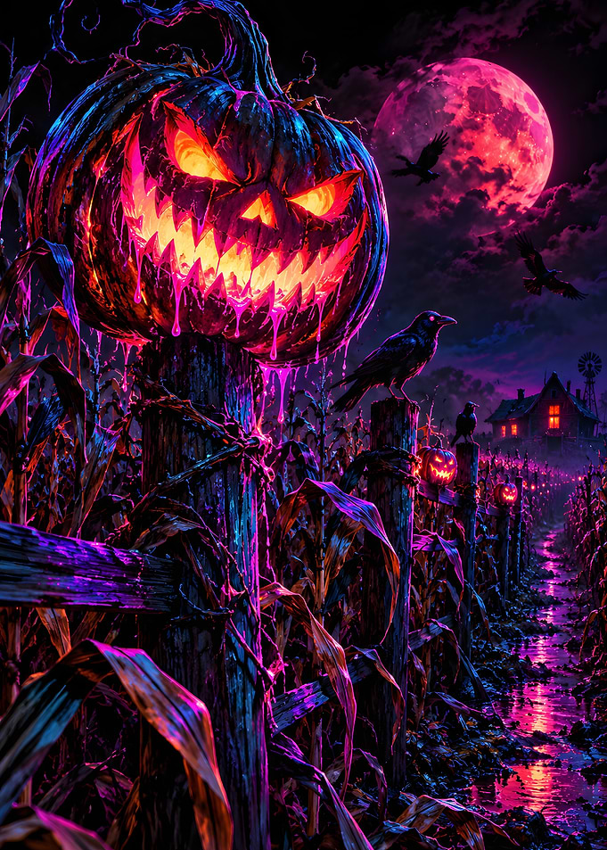 Jack O Lantern Cornfield Blood Moon Ravens