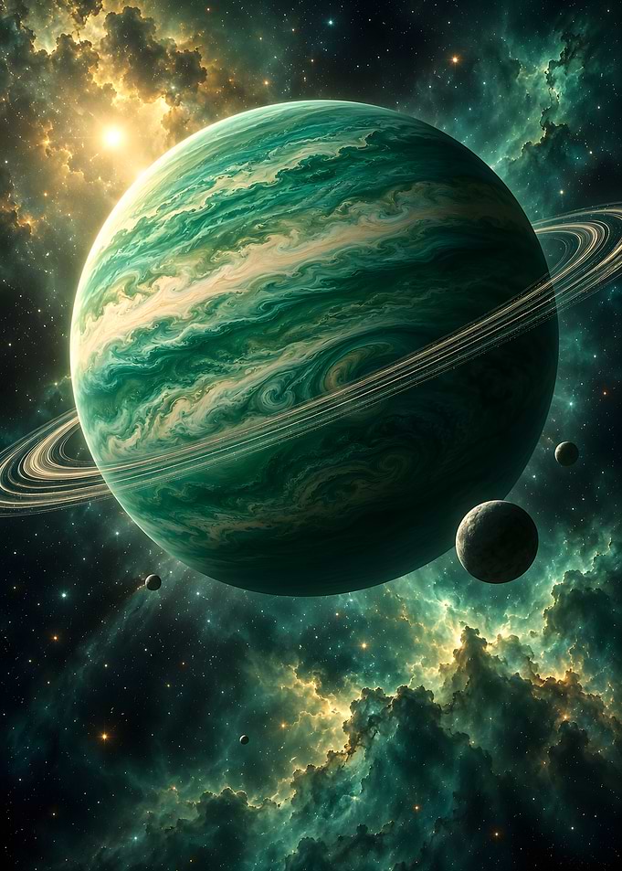 Green Ringed Planet in Space