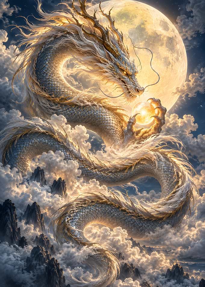 White Eastern Dragon Holding Pearl Before Full Moon