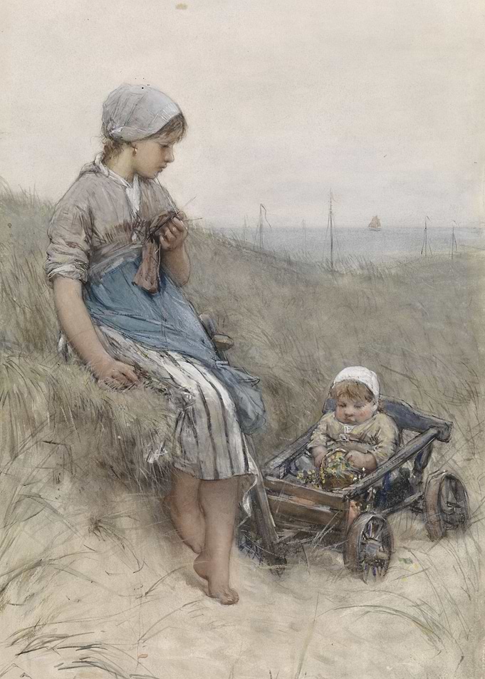 Girl Knitting with Toddler in Wagon