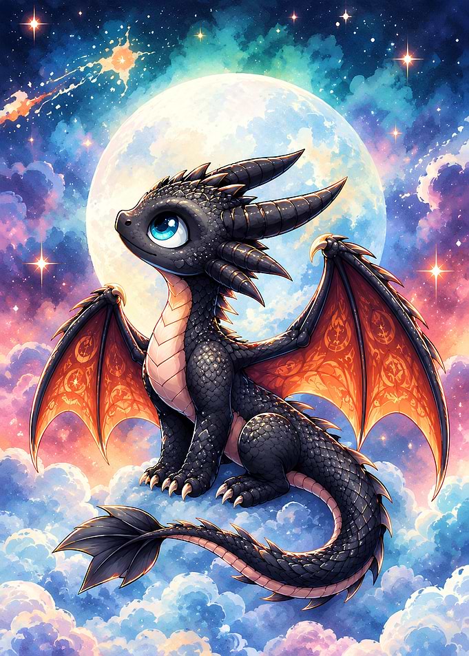 Cute Baby Dragon Under Full Moon