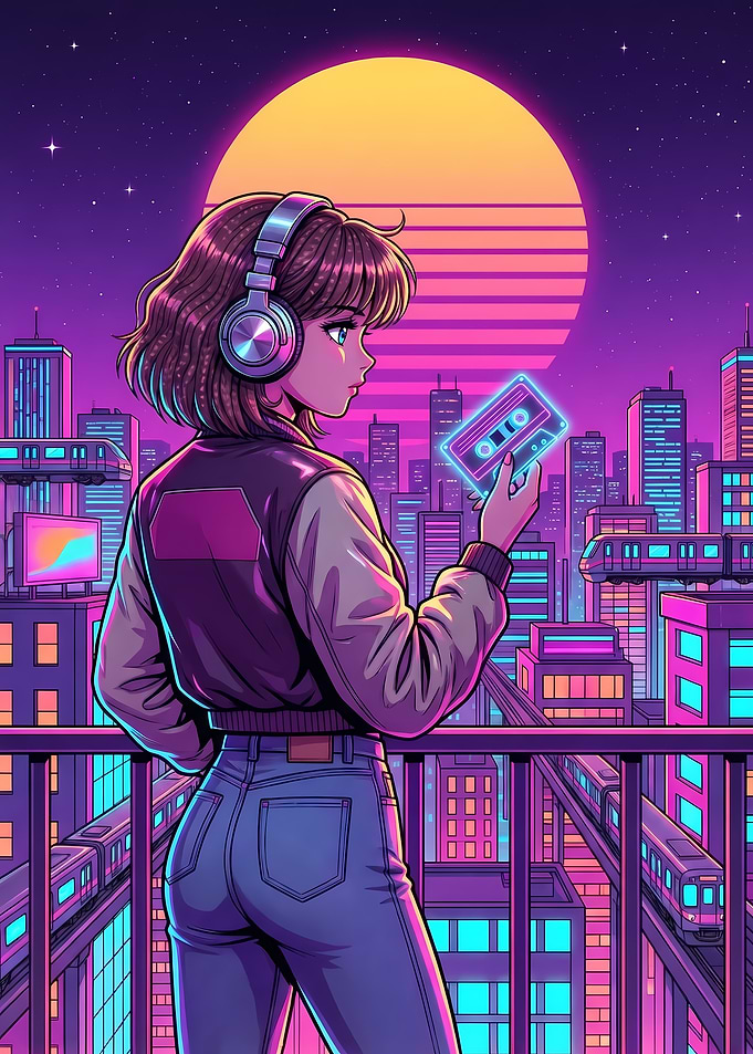 Retro Synthwave Anime Girl with Cassette