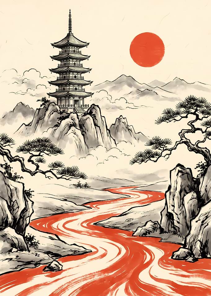 Traditional Japanese Pagoda Landscape Painting