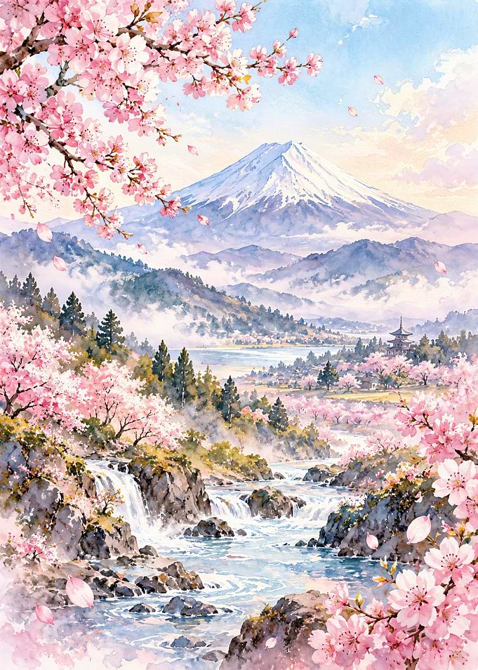 Mount Fuji and Cherry Blossoms Landscape
