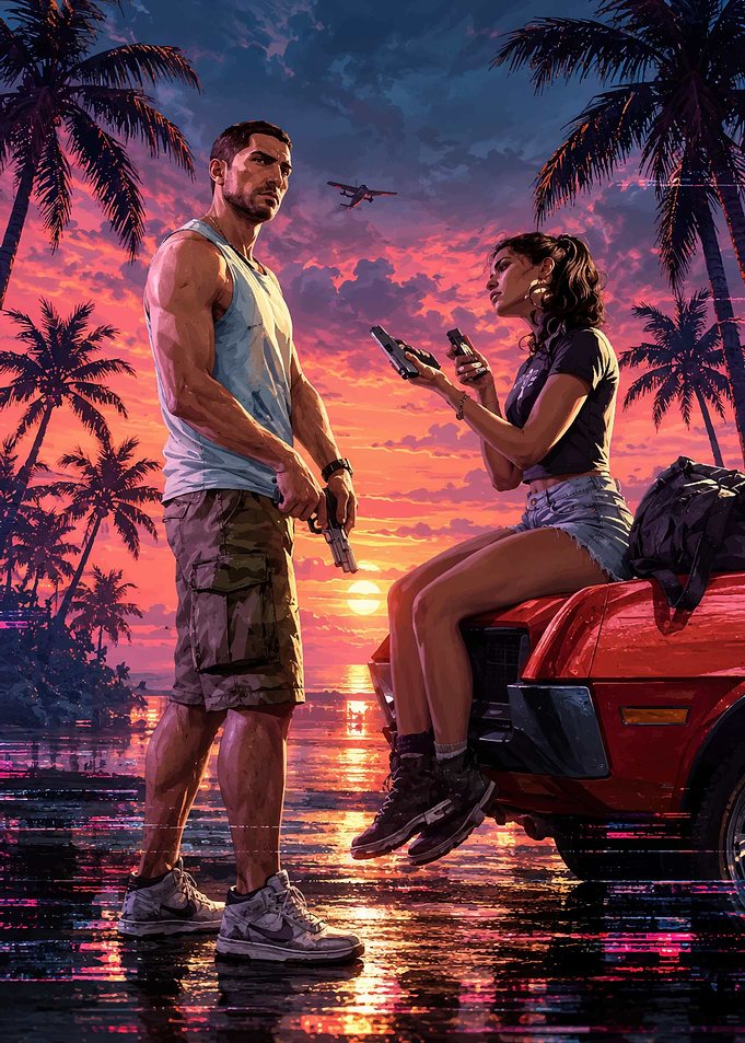 Grand Theft Auto VI Action Duo at Tropical Sunset