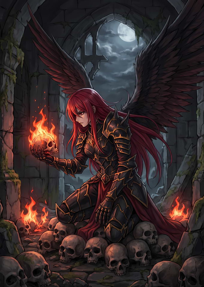 Fallen Angel Knight with Flaming Skull