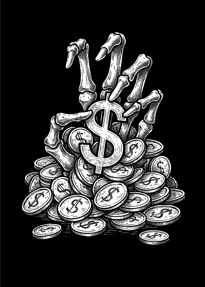 Skeleton Hand Grasping Dollar Sign
