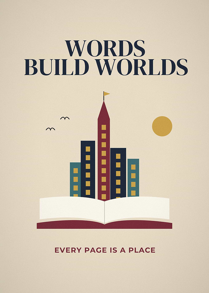 Words Build Worlds Book City Poster