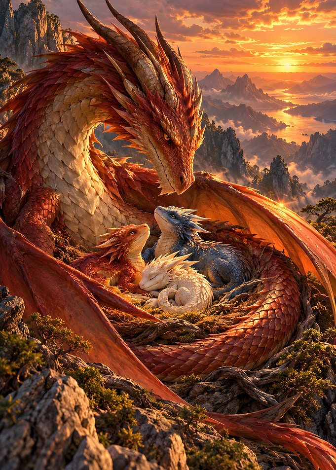 Mother Dragon Protecting Baby Dragons In Nest