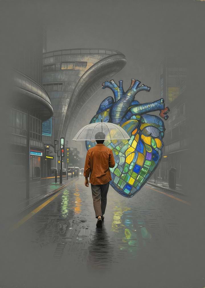 The Heart of the City – Surreal Urban Mosaic Metal Poster