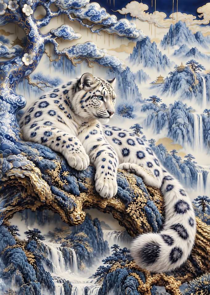 Snow Leopard in Blue Porcelain Style