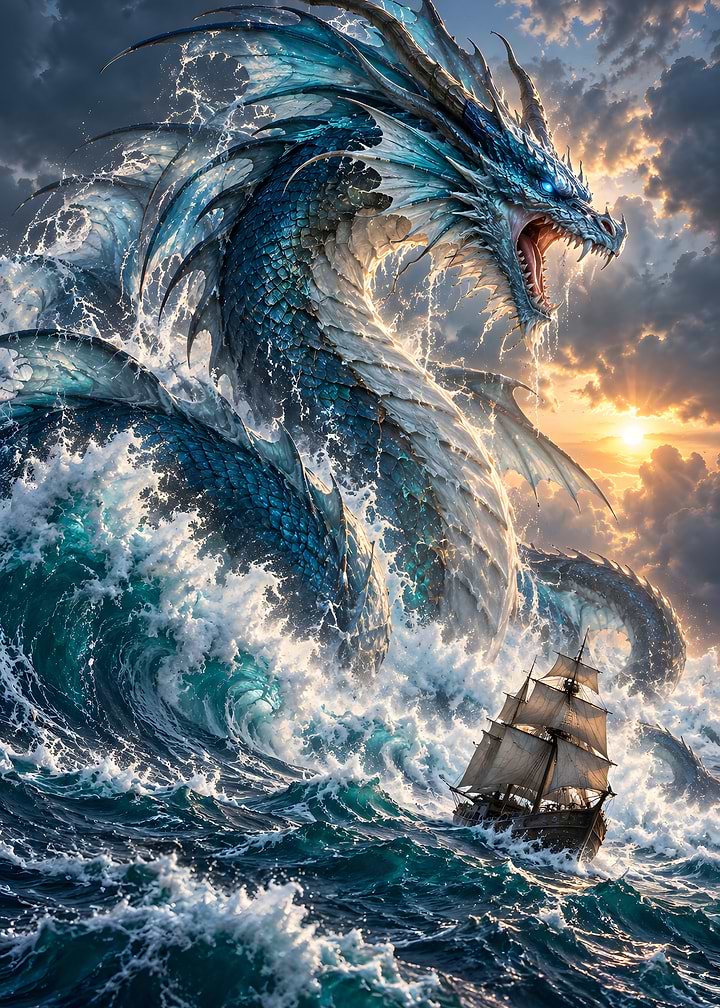 Blue Sea Dragon Rising From Giant Ocean Waves