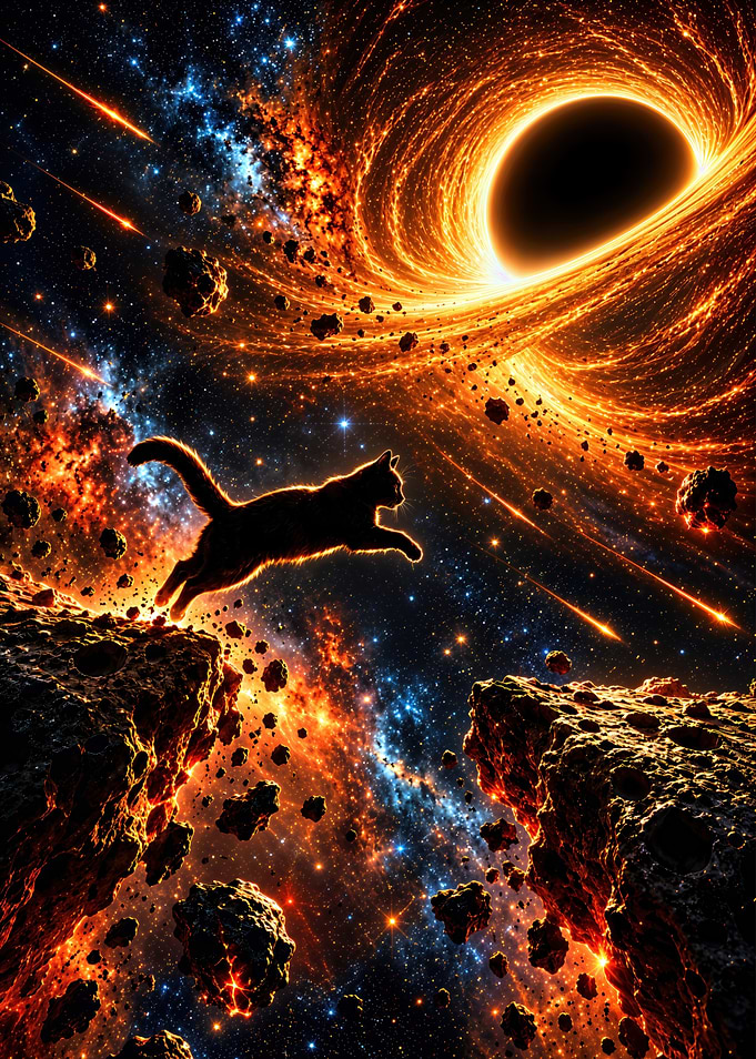 Cat Leaping Across Space Asteroids