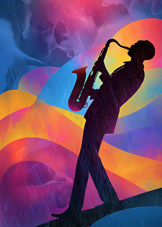 Colorful Jazz Saxophonist Silhouette Art