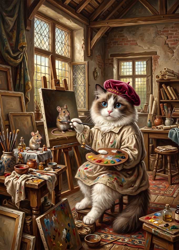 Cat Artist Painting Mice in Studio