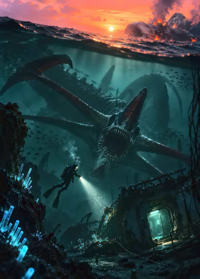Diver Encountering Sea Monster Underwater