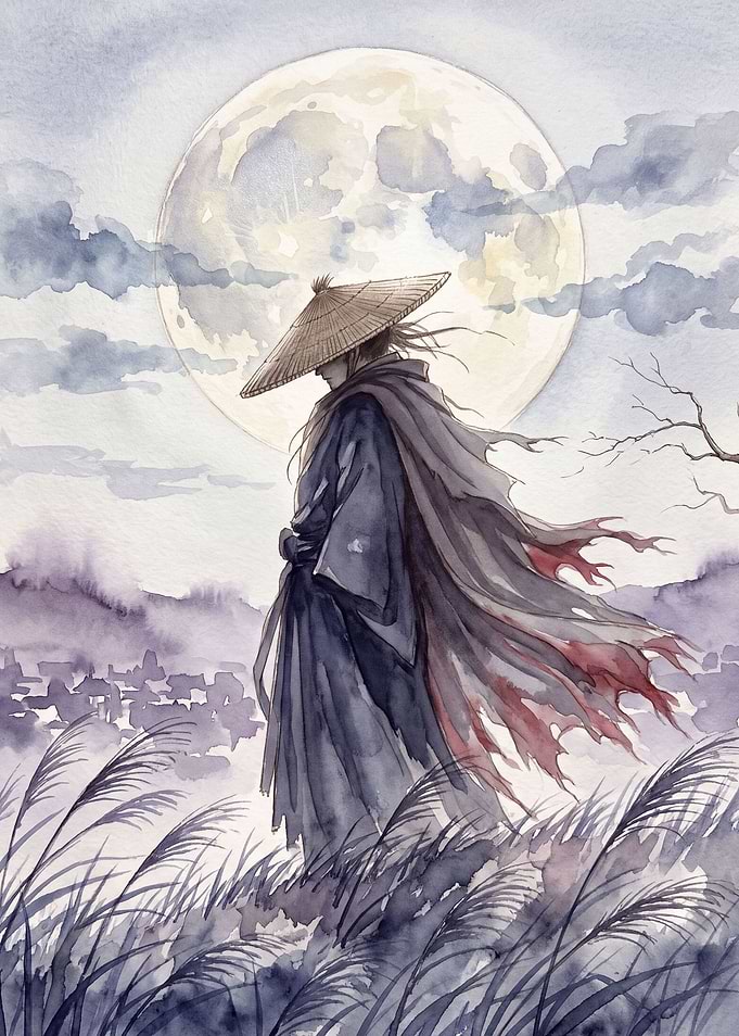 Sumi-e Samurai Beneath the Full Moon