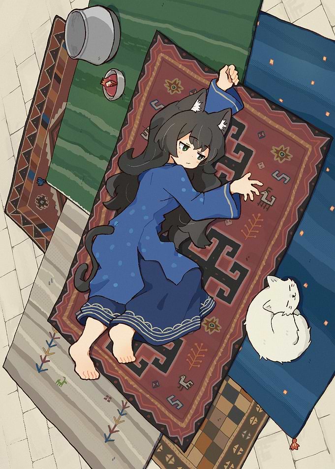 Anime Cat Girl Resting on Rugs