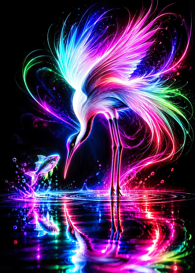 Neon Luminescent Crane and Fish