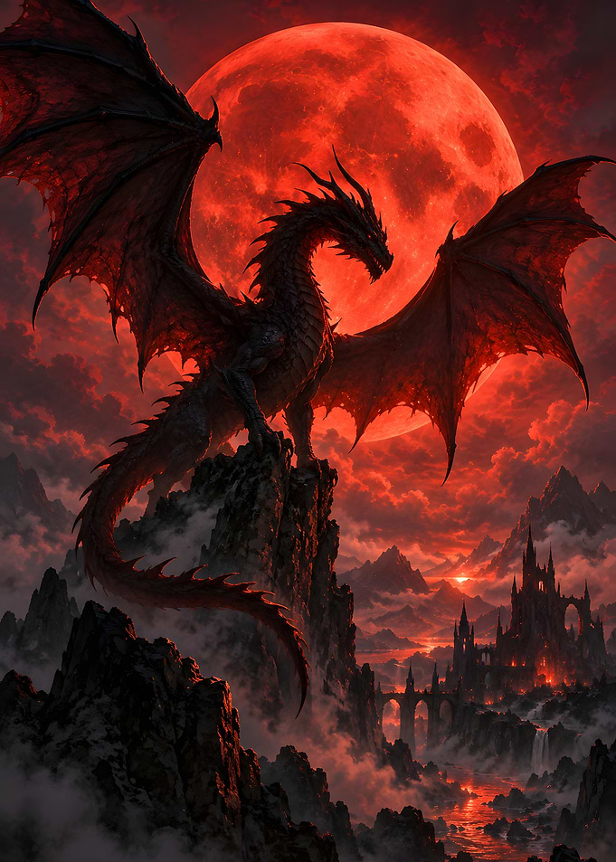 Black Dragon Silhouette Against Blood Red Moon