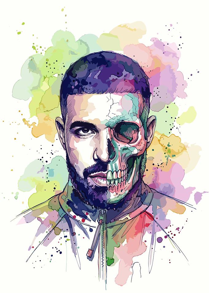 Drake Watercolor Skull Portrait