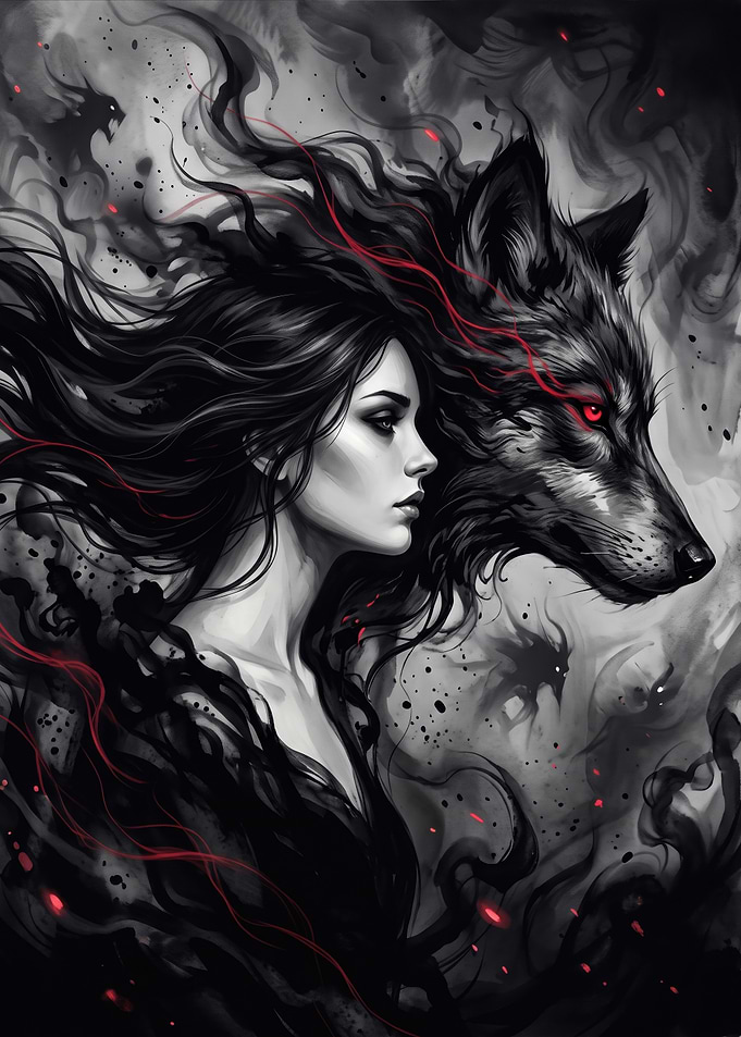 Dark Fantasy Woman and Wolf Spirit