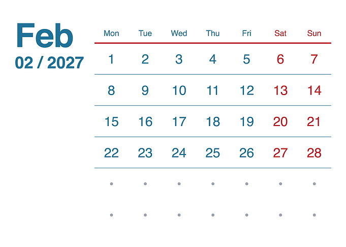 February 2027 Minimalist Calendar Page