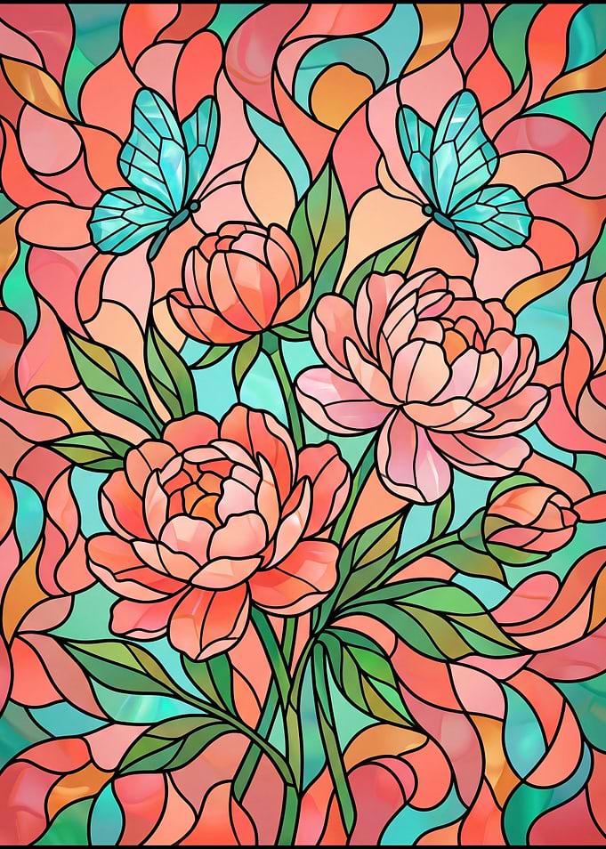 Stained Glass Peonies and Butterflies