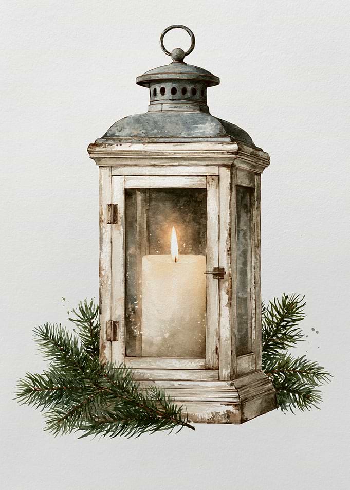 Vintage White Lantern with Glowing Candle and Pine Sprig, Cosy Winter Christmas Illustration
