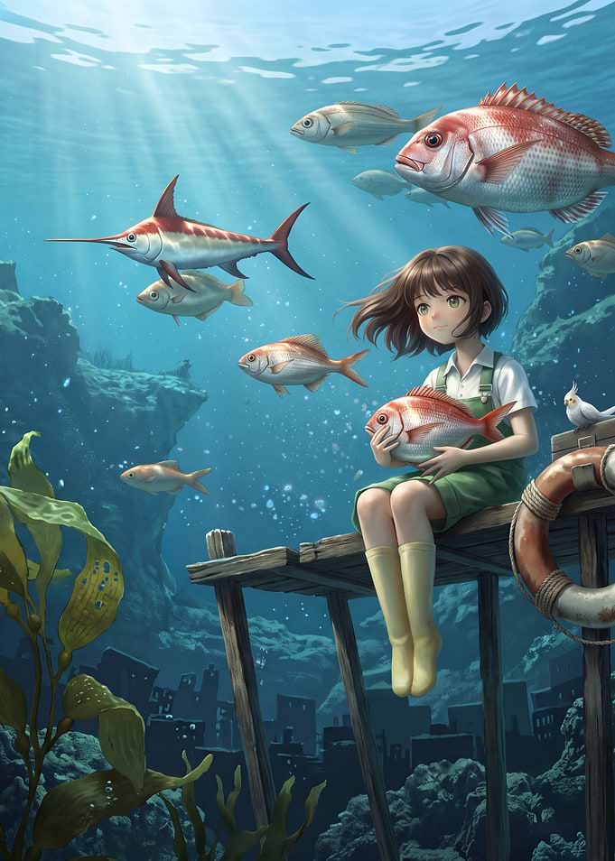 Anime Girl Holding Fish Underwater