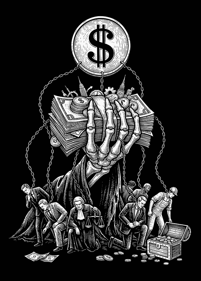 Skeleton Hand Controlling Society with Money