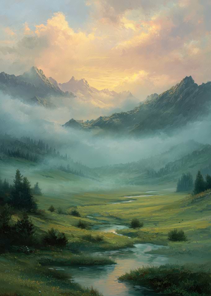 Misty Mountain Valley at Sunset