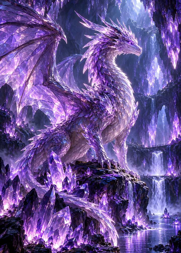 Purple Crystal Dragon In Glowing Amethyst Cave