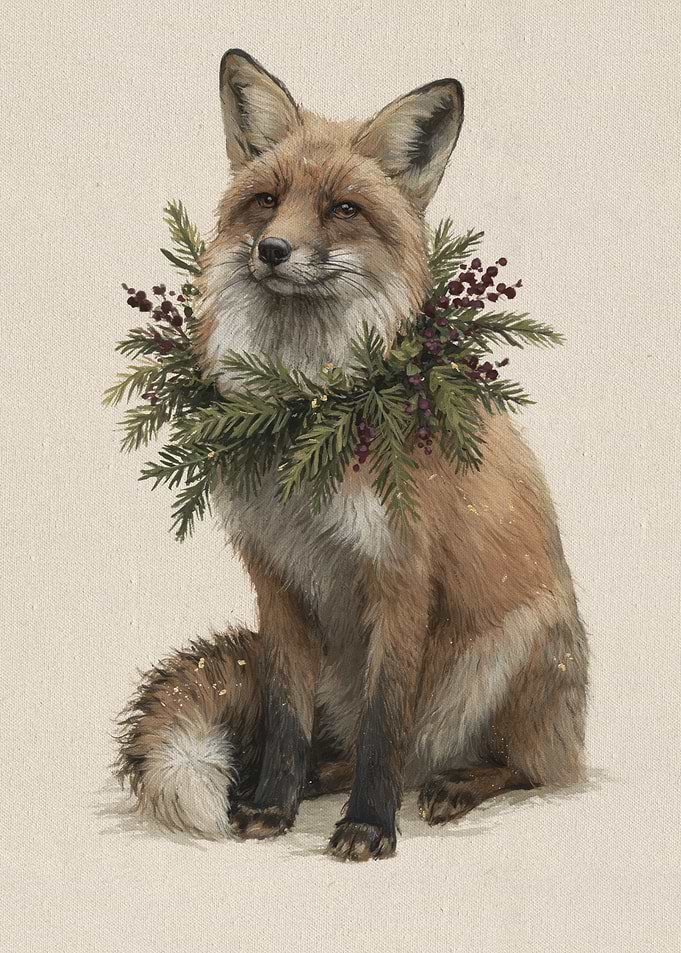 Red Fox Wearing an Evergreen Wreath, Woodland Christmas Illustration in Soft Cream and Green