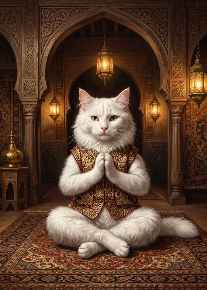 Meditating White Cat in Traditional Attire