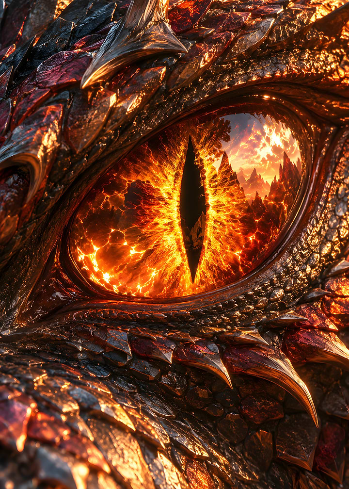 Fiery Dragon Eye Close Up With Red Scales
