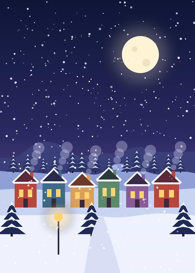 Snowy Village at Night Under a Full Moon